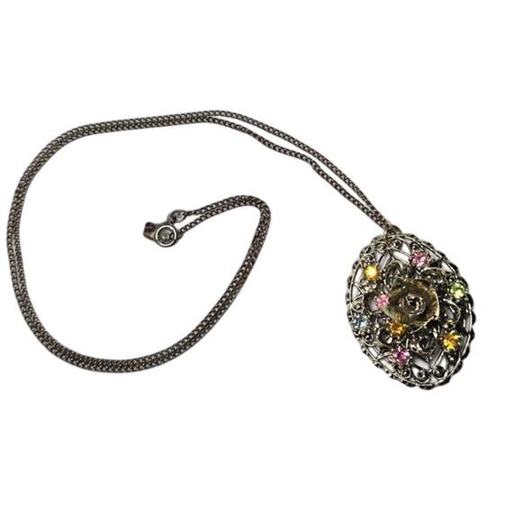 Source Unknown Jewelry - Rose with Decorative Colored Gemstones Pendant Vintage Necklace